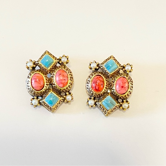 TARA Faux Turquoise/Coral/Pearl Clip on Earrings in Gold tone - Picture 1 of 2